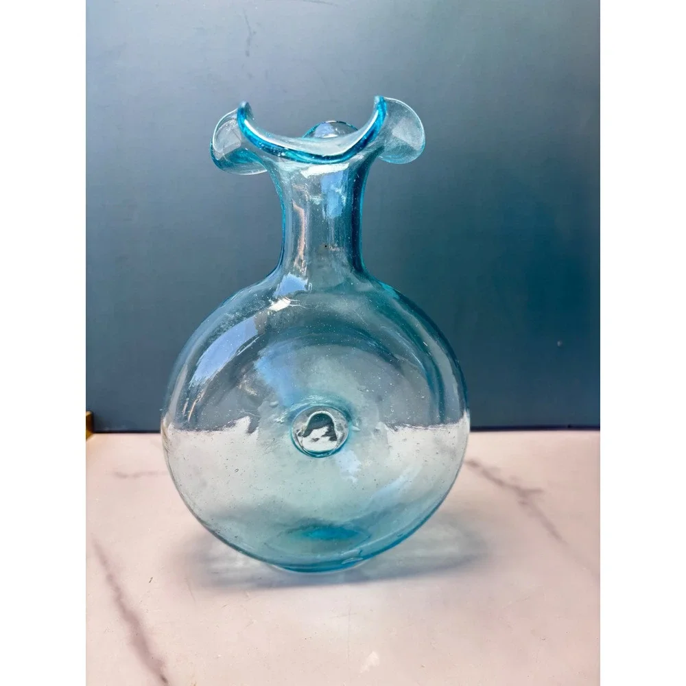 Vintage Hand Blown Turquoise Blue Glass Donut Vase Ruffled Scalloped